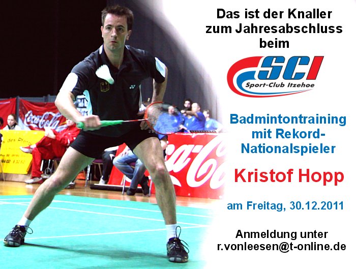 Kristof Hopp, Rekordnationalspieler und Bundesligaakteur, leitet ein Badminton-Training beim Sport-Club Itzehoe, © Foto: Frank Kossiski