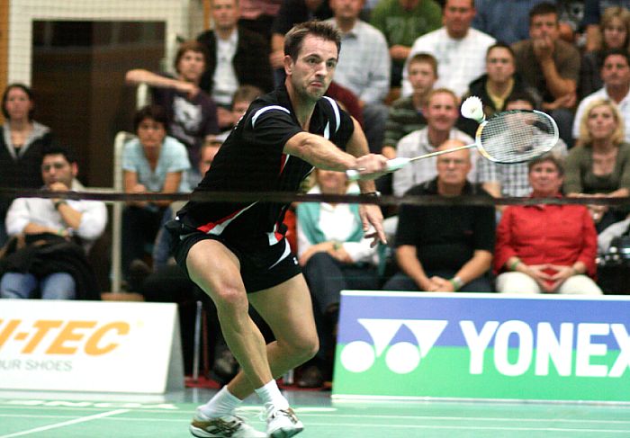 Kristof Hopp beim Badminton-Länderspiel Deutschland - England in Heilbronn, Foto: Frank Kossiski